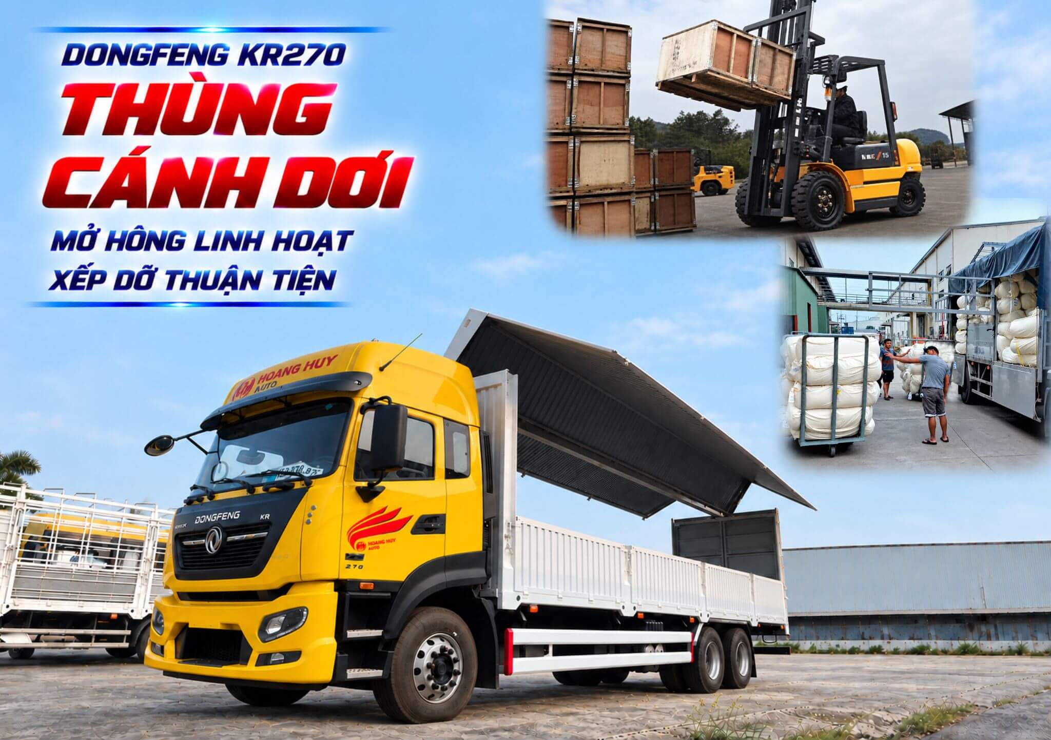 Xếp dỡ pallet từ bên hông thùng cánh dơi Dongfeng 3 chân